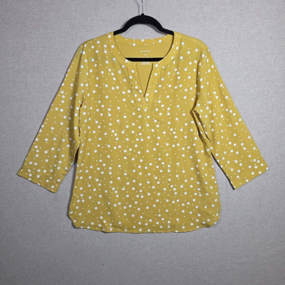 Van Heusen mustard yellow polka dot Blouse Womens M 3/4 Sleeve V Neck Top